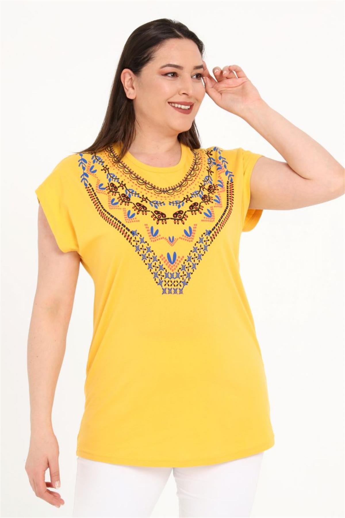 Tshirt Büyük Beden Yakası Baskılı Yarasa Kol T-Shirt Hardal