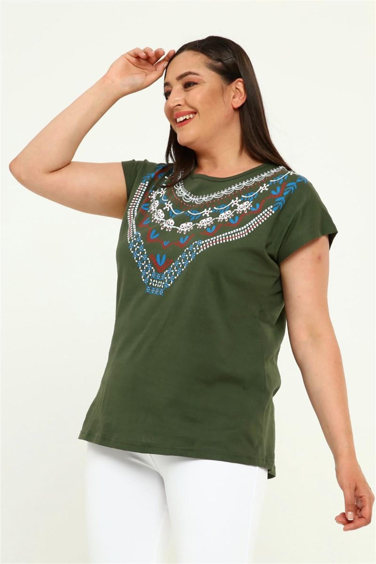 Tshirt Büyük Beden Yakası Baskılı Yarasa Kol T-Shirt Haki