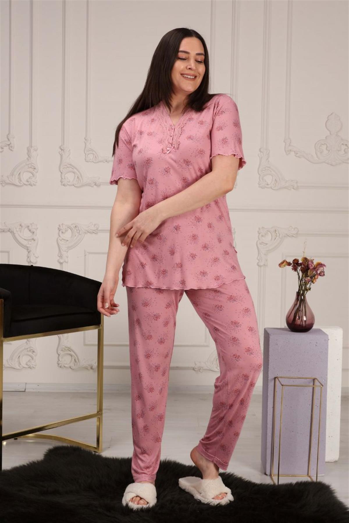 Pijama Takımı Büyük Beden Yakası Dantelli Pijama Takımı Gül Kurusu
