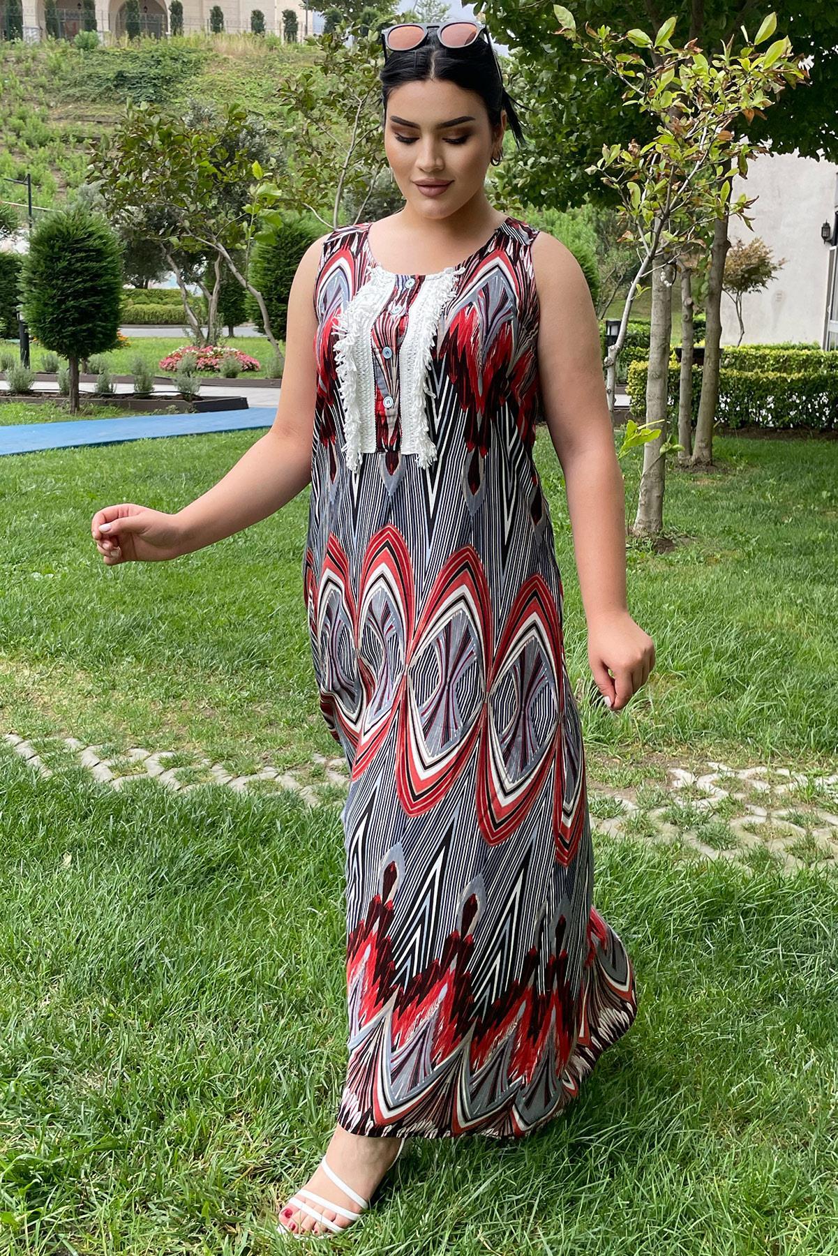Elbise Büyük Beden Yakası Püskül Detaylı Desenli Elbise Siyah