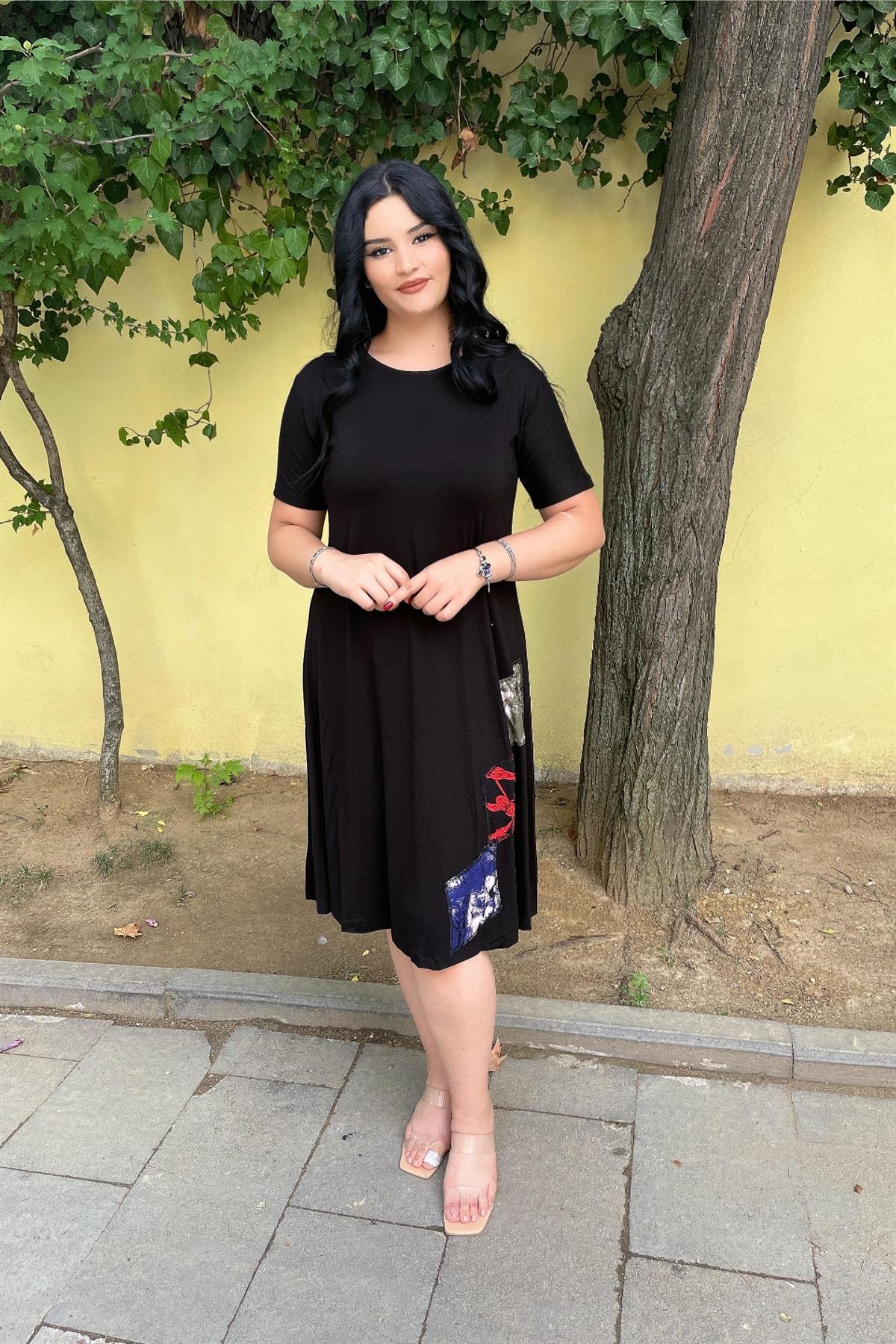 Elbise Büyük Beden Yamalı Elbise Siyah