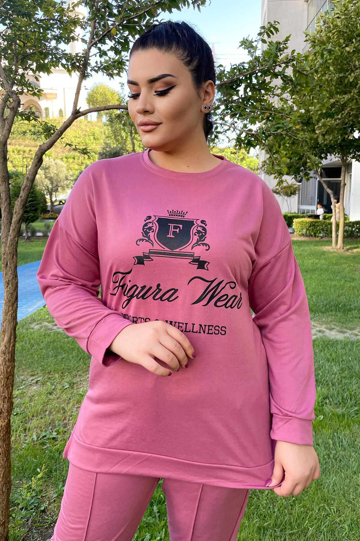Sweatshirt Büyük Beden Yanları Yırtmaçlı Basıc Swatshirt Gülkurusu