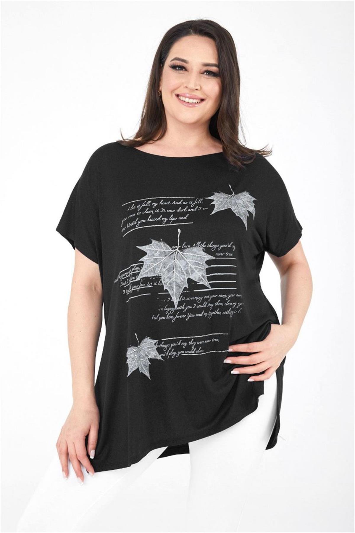 Tshirt Büyük Beden Yaprak Baskılı Oversize Pamuklu Likralı T-Shirt Siyah