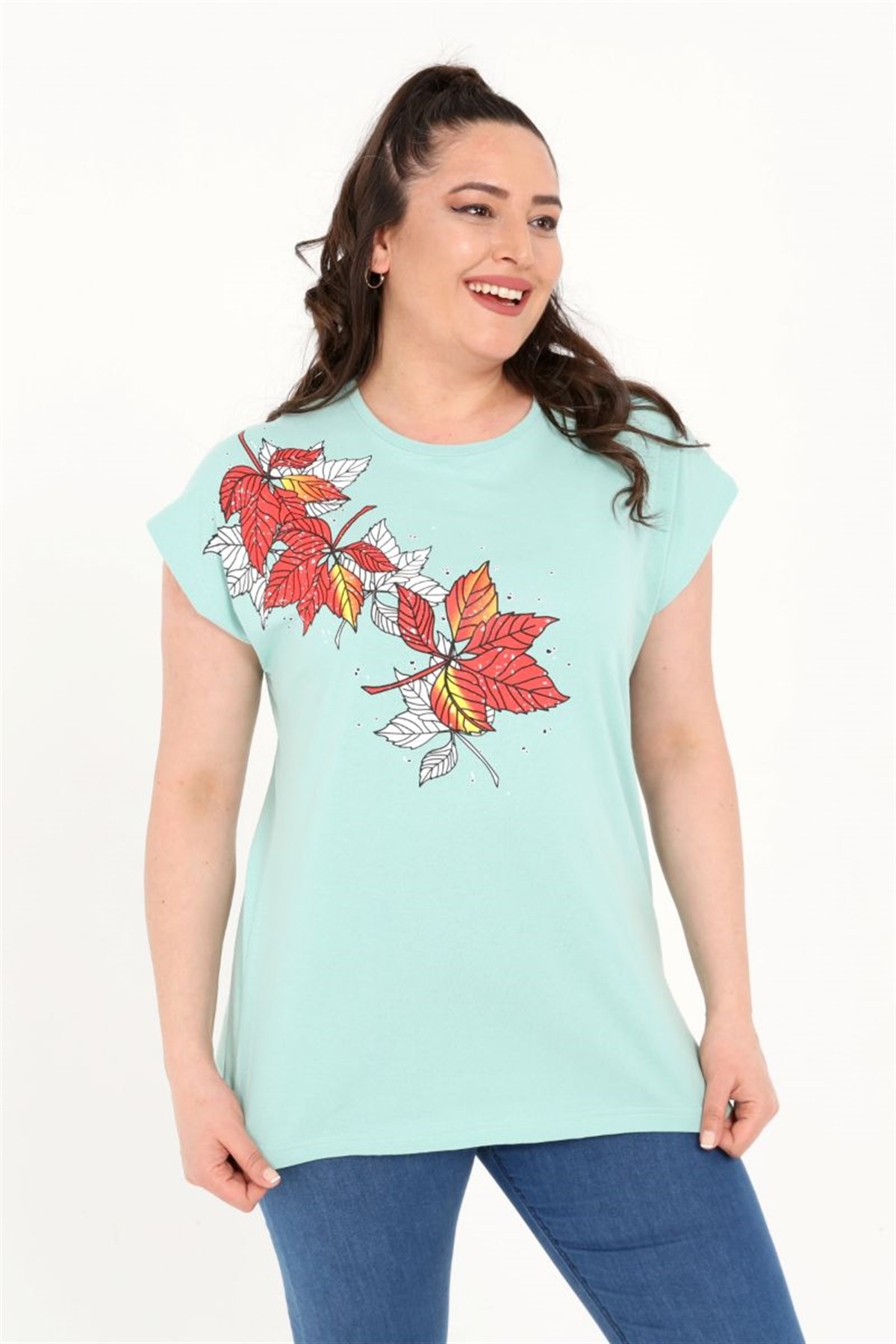 Tshirt Büyük Beden Yaprak Baskılı Yarasa Kol T-Shirt Mint Yeşili