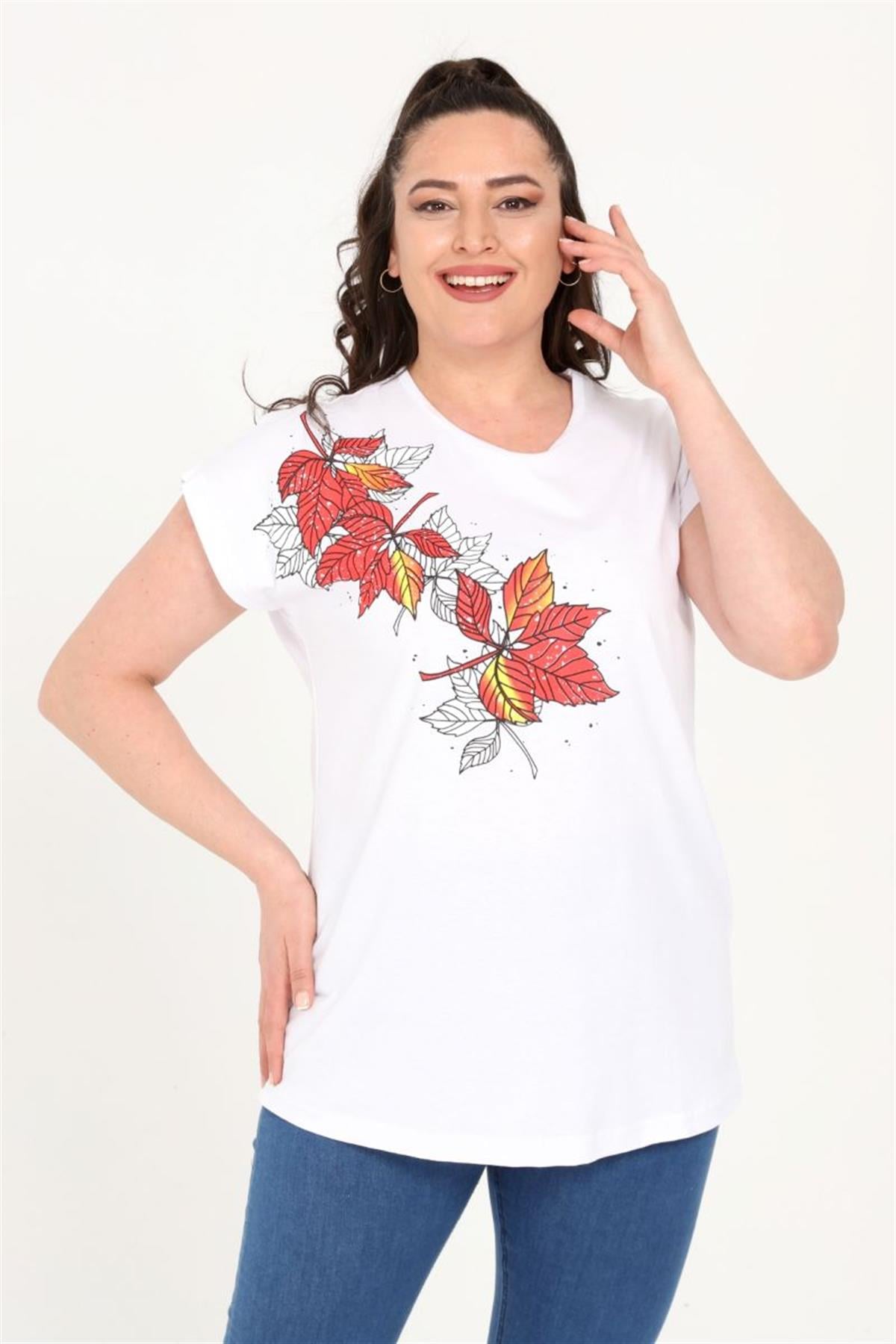 Tshirt Büyük Beden Yaprak Baskılı Yarasa Kol T-Shirt Beyaz