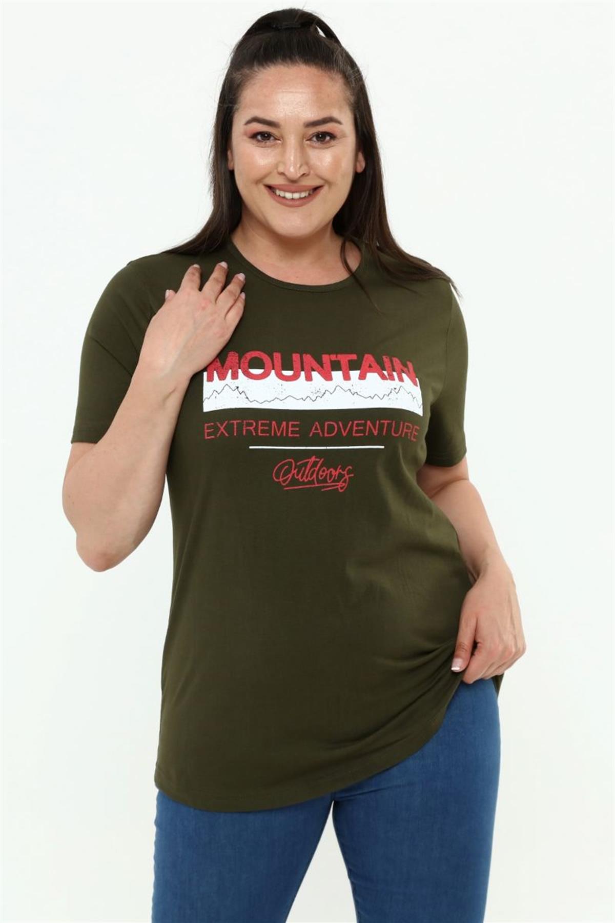 Tshirt Büyük Beden Yazı Baskılı Bisiklet Yaka T-Shirt Haki