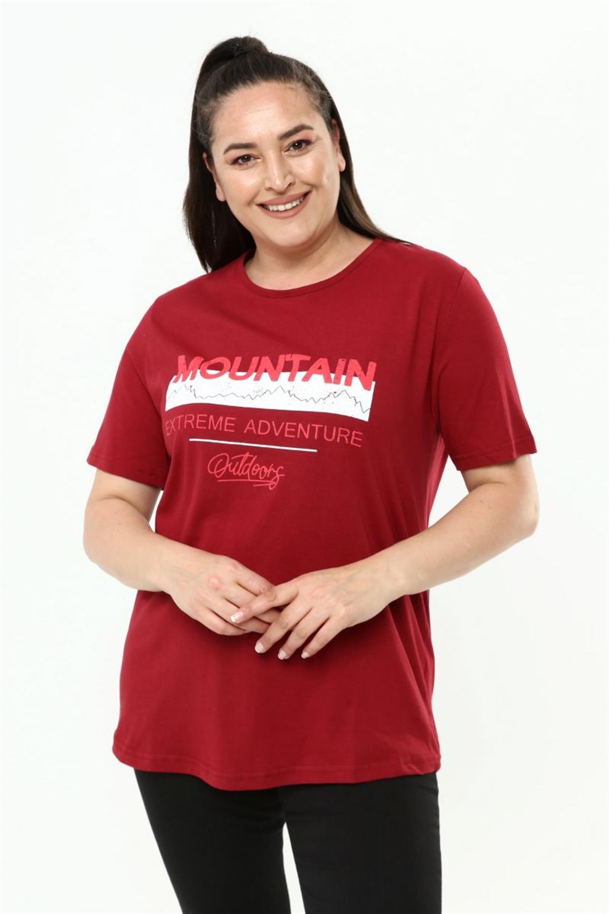 Tshirt Büyük Beden Yazı Baskılı Bisiklet Yaka T-Shirt Bordo
