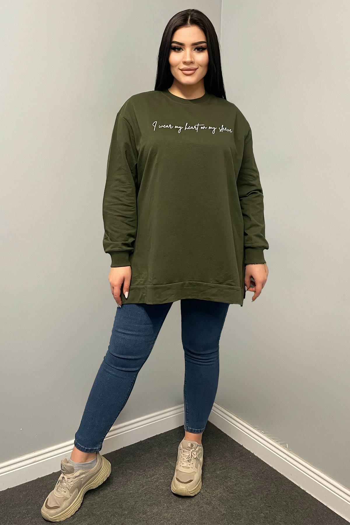 Sweatshirt Büyük Beden Yazı Nakış Detaylı Oversize Sweatshirt Haki