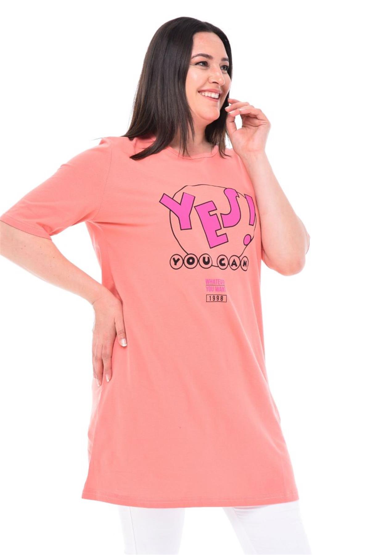 Tshirt Büyük Beden Yes Baskılı Tunik T-Shirt Yavruağzı