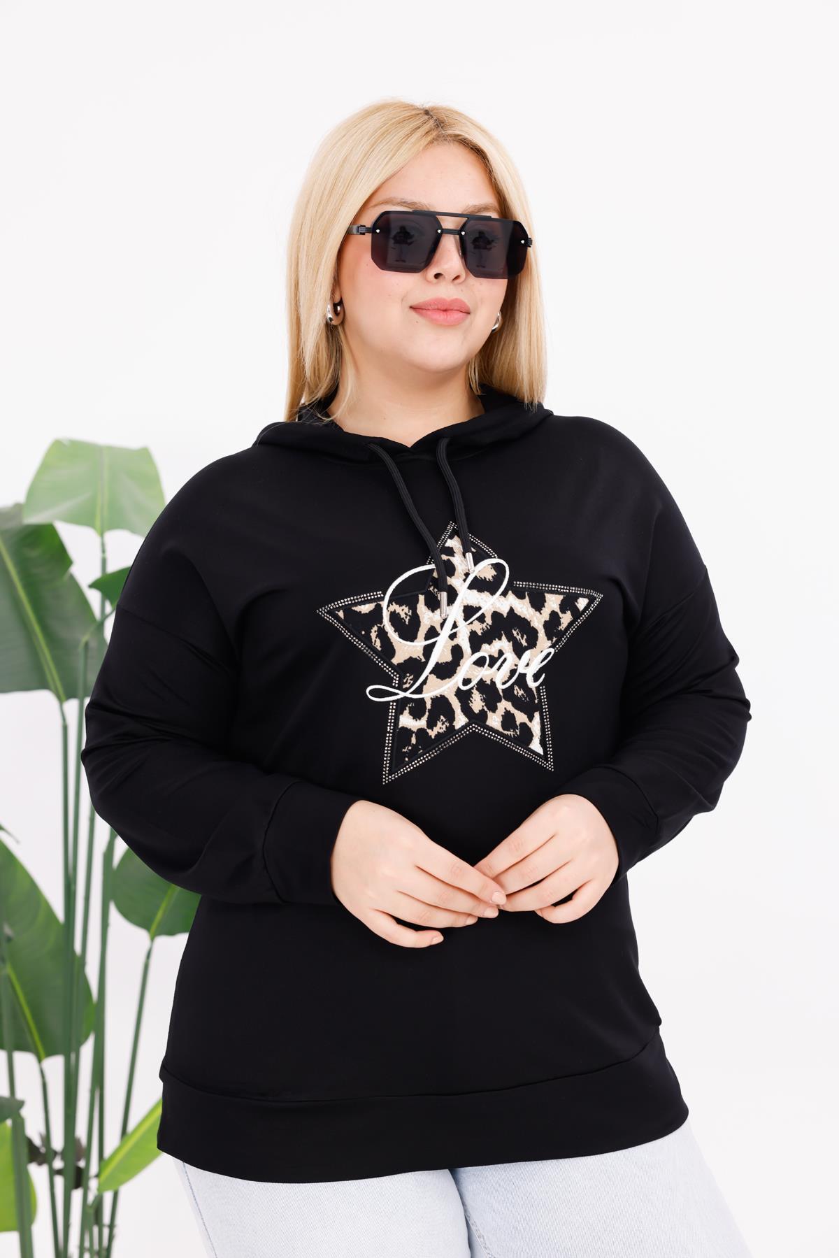 Sweatshirt Büyük Beden Yıldız Detaylı Kapüşonlu Sweatshirt
