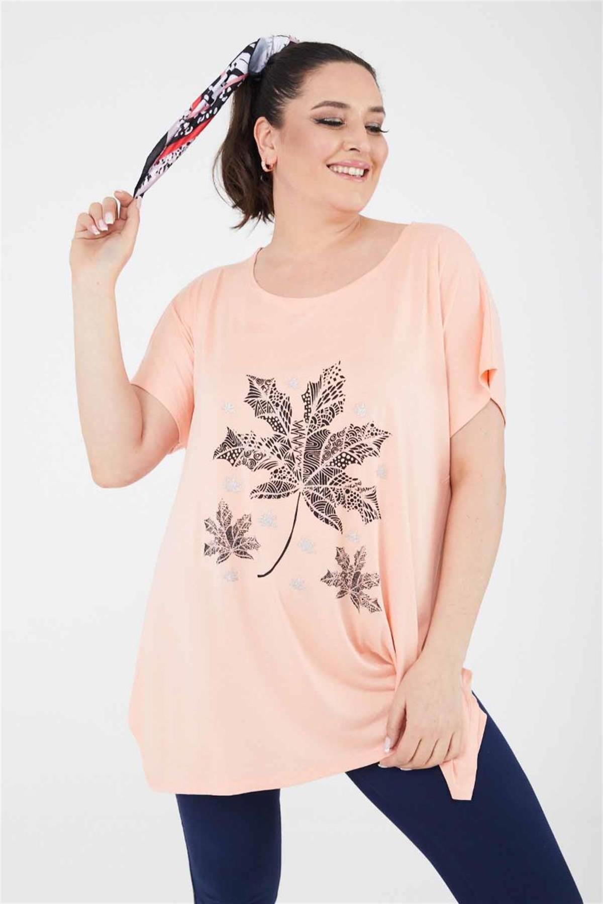 Tshirt Büyük Beden Yıldız Yaprak Baskılı Oversize Pamuklu Likralı T-Shirt Yavruağzı