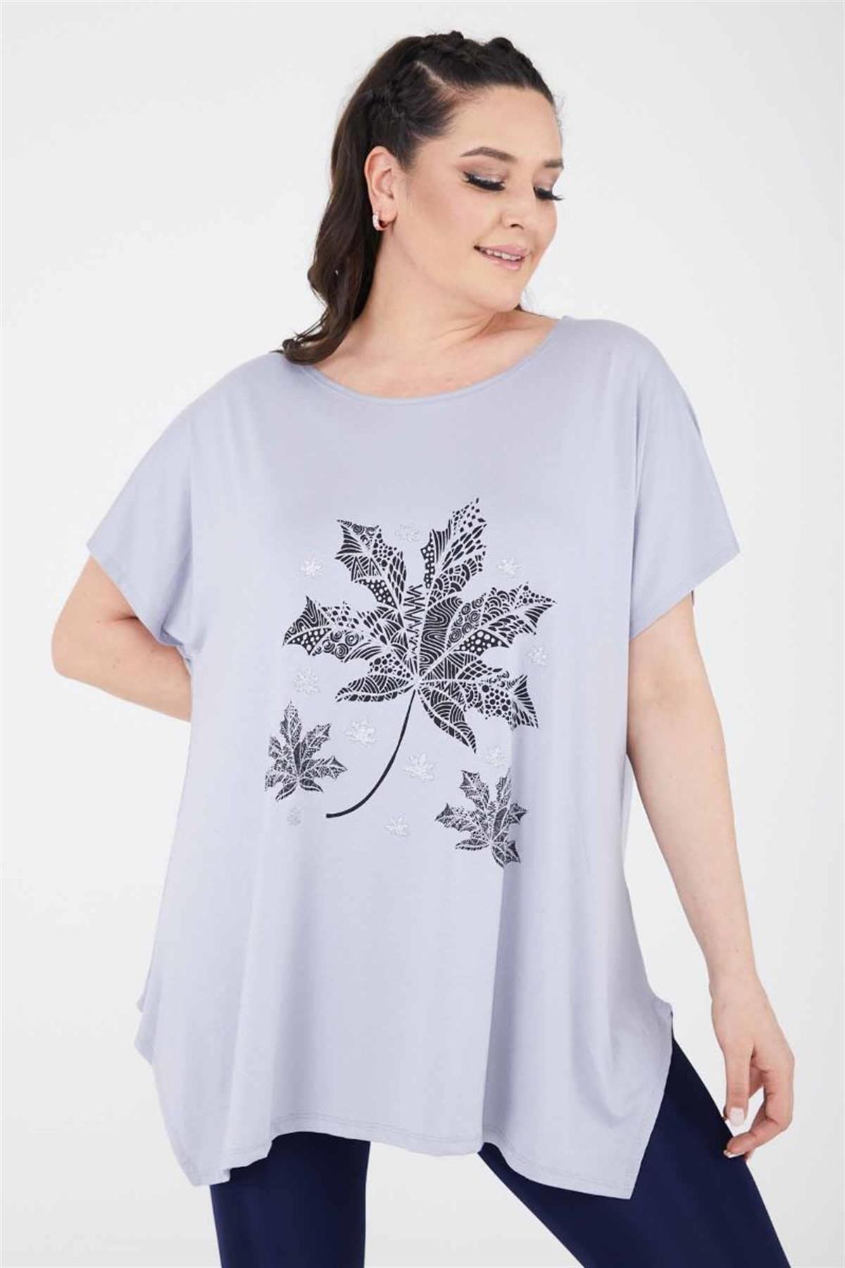 Tshirt Büyük Beden Yıldız Yaprak Baskılı Oversize Pamuklu Likralı T-Shirt Gri