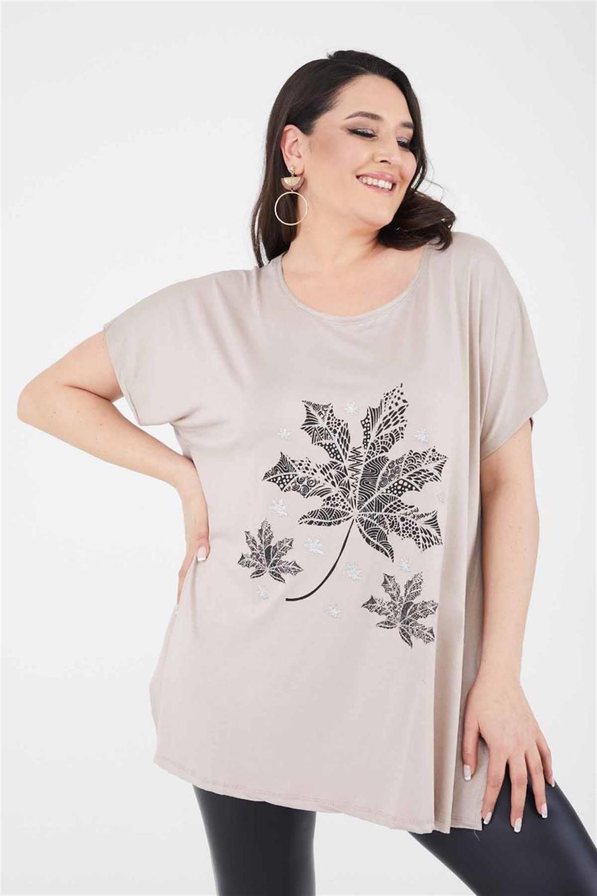 Tshirt Büyük Beden Yıldız Yaprak Baskılı Oversize Pamuklu Likralı T-Shirt Bej