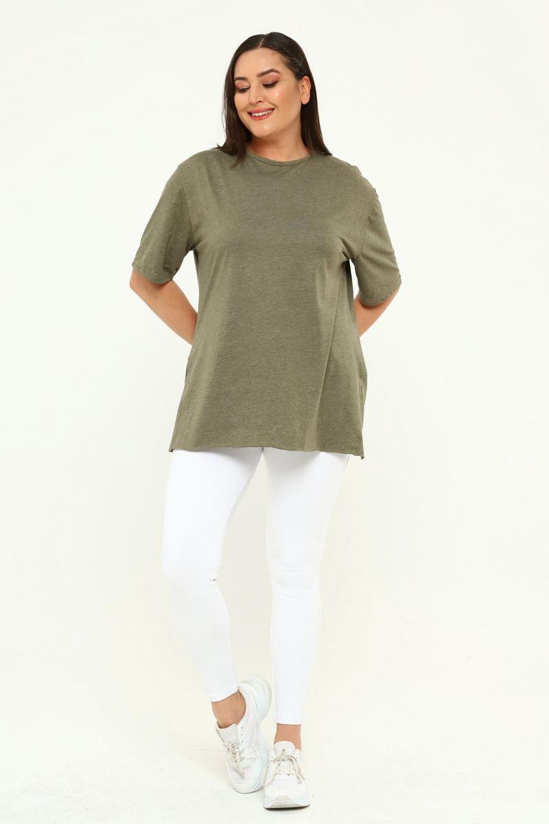 Tshirt Büyük Beden Yırtmaçlı Basic T-Shirt Haki