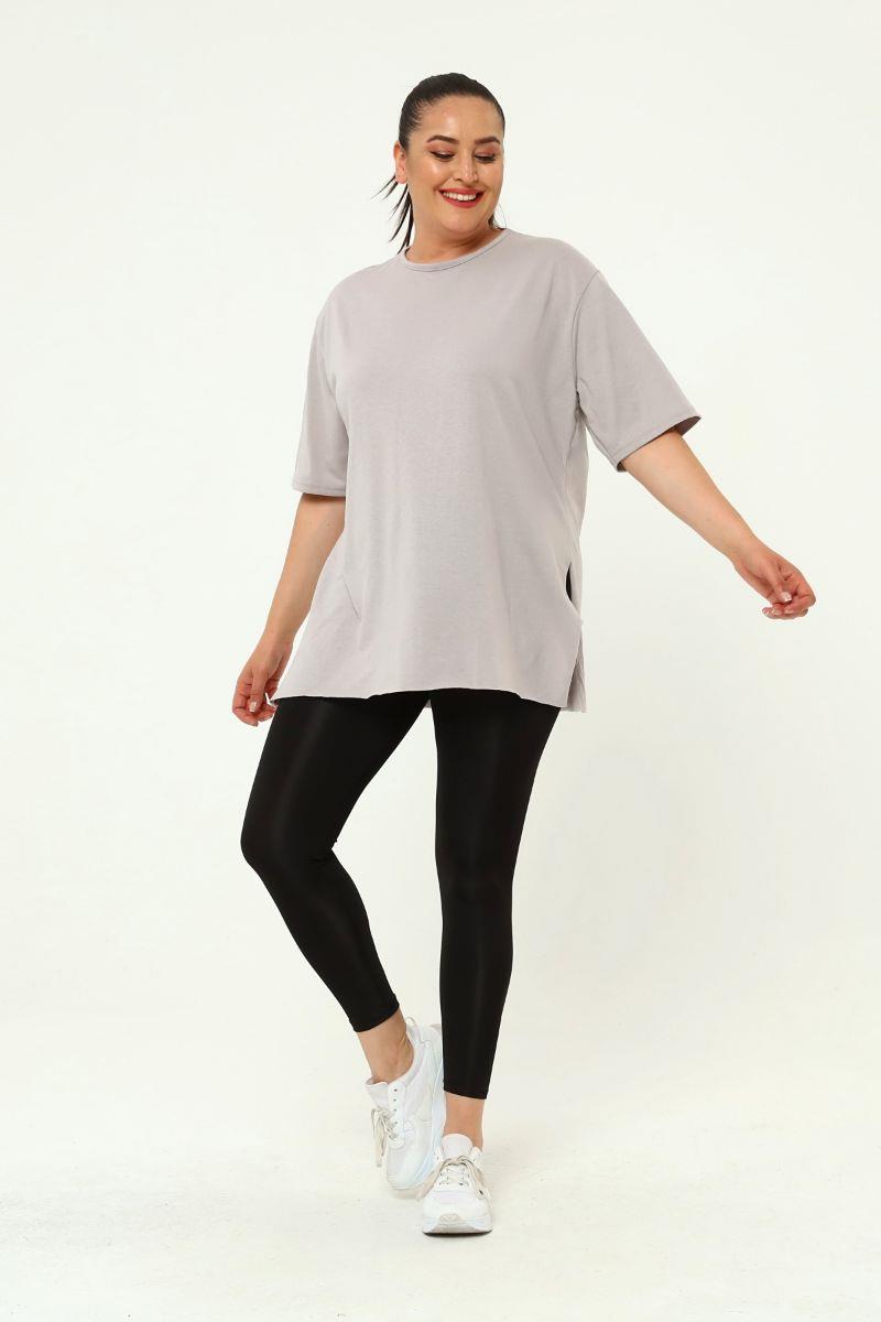 Tshirt Büyük Beden Yırtmaçlı Basic T-Shirt Koyu Gri