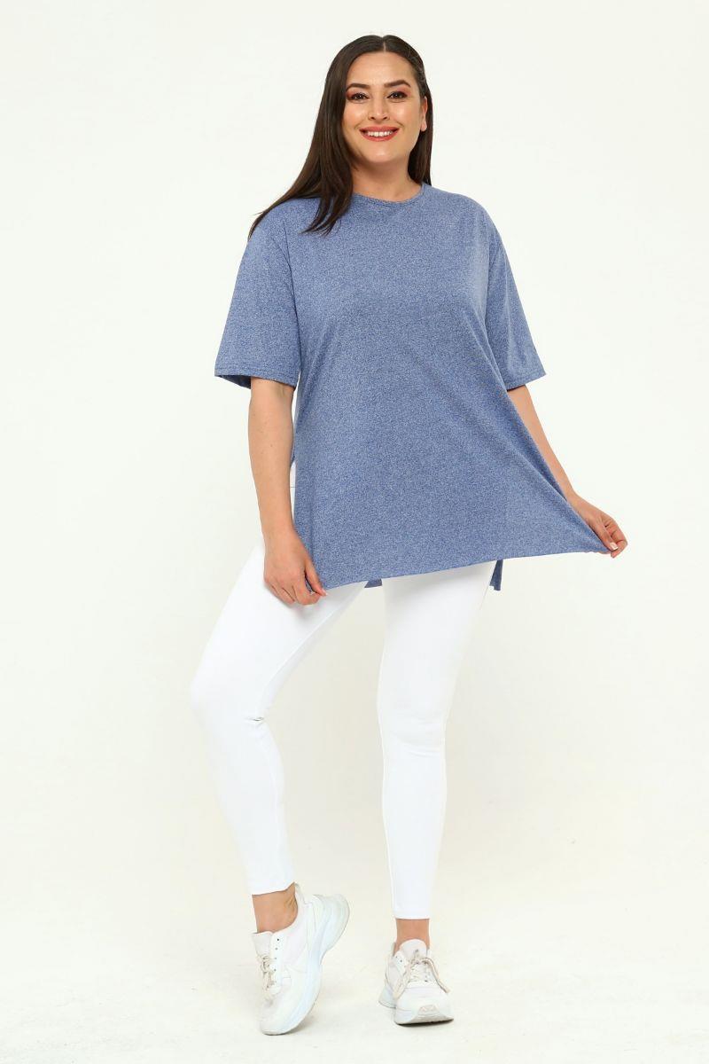 Tshirt Büyük Beden Yırtmaçlı Basic T-Shirt Koyu Mavi