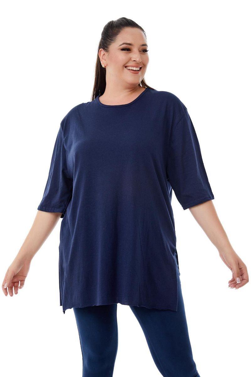 Tshirt Büyük Beden Yırtmaçlı Basic T-Shirt Lacivert