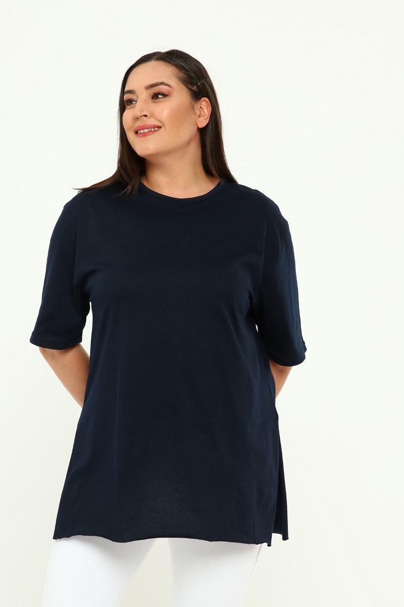 Tshirt Büyük Beden Yırtmaçlı Basic T-Shirt Lacivert