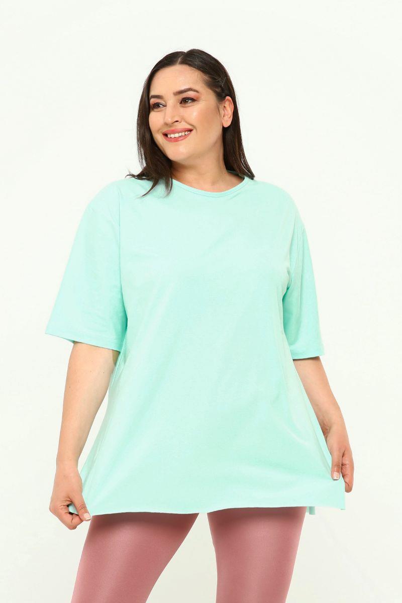 Tshirt Büyük Beden Yırtmaçlı Basic T-Shirt Neon Yeşil