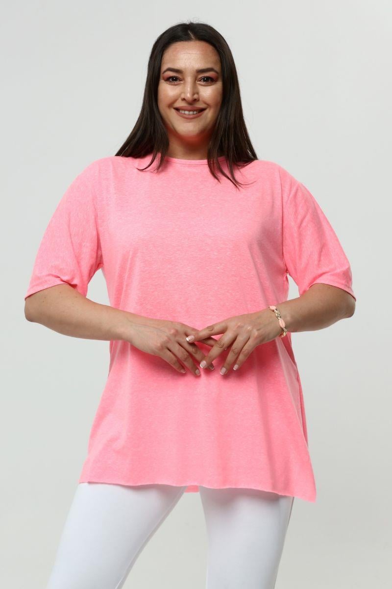 Tshirt Büyük Beden Yırtmaçlı Basic T-Shirt Neon Pembe