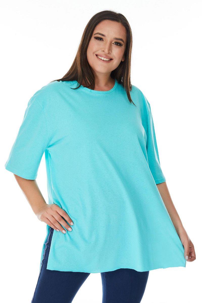 Tshirt Büyük Beden Yırtmaçlı Basic T-Shirt Turkuaz