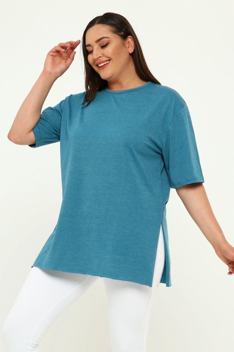 Tshirt Büyük Beden Yırtmaçlı Basic T-Shirt Zümrüt Yeşili