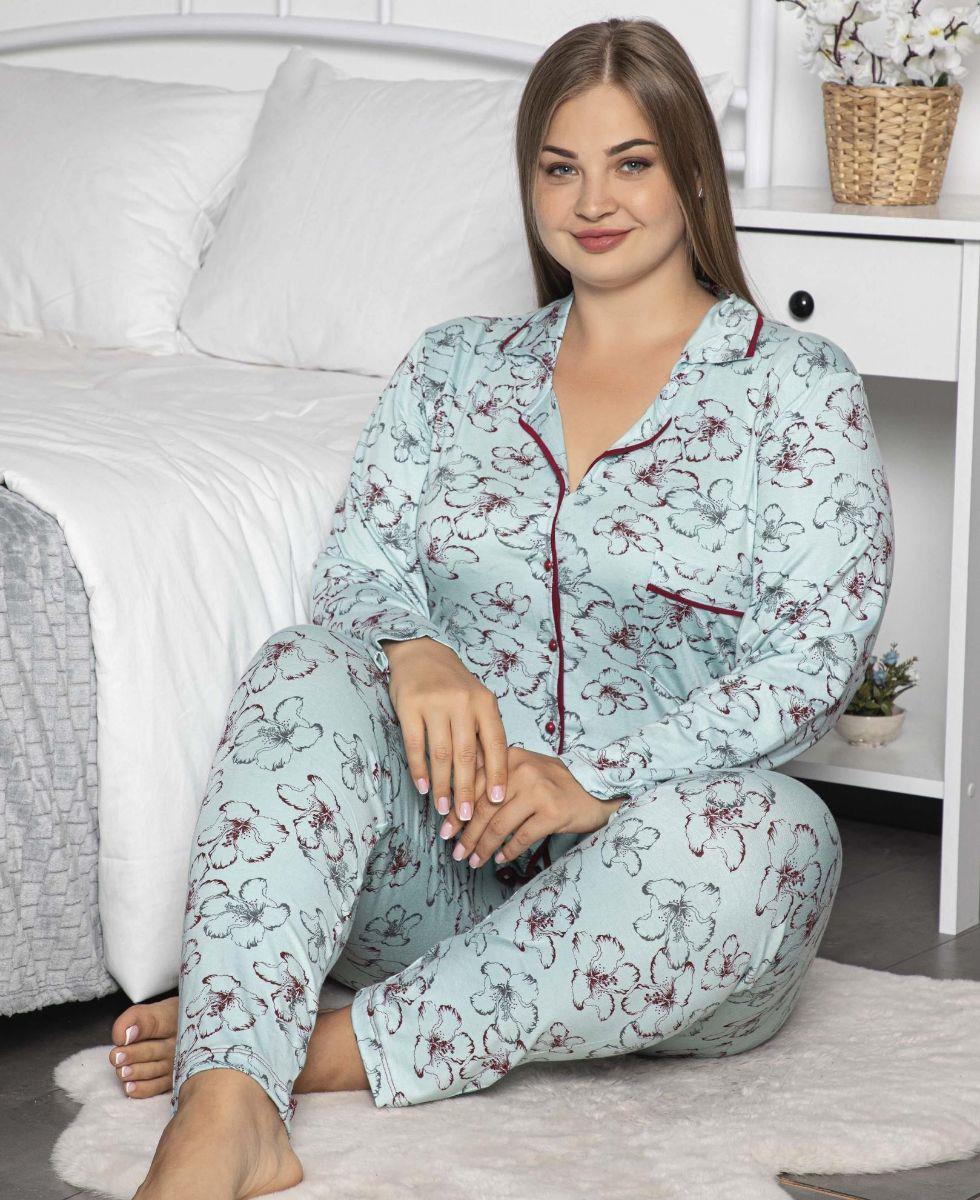 Pijama Takımı Büyük Beden Zambak Baskılı Düğmeli Cepli Maskülen Pijama Takımı Yeşil