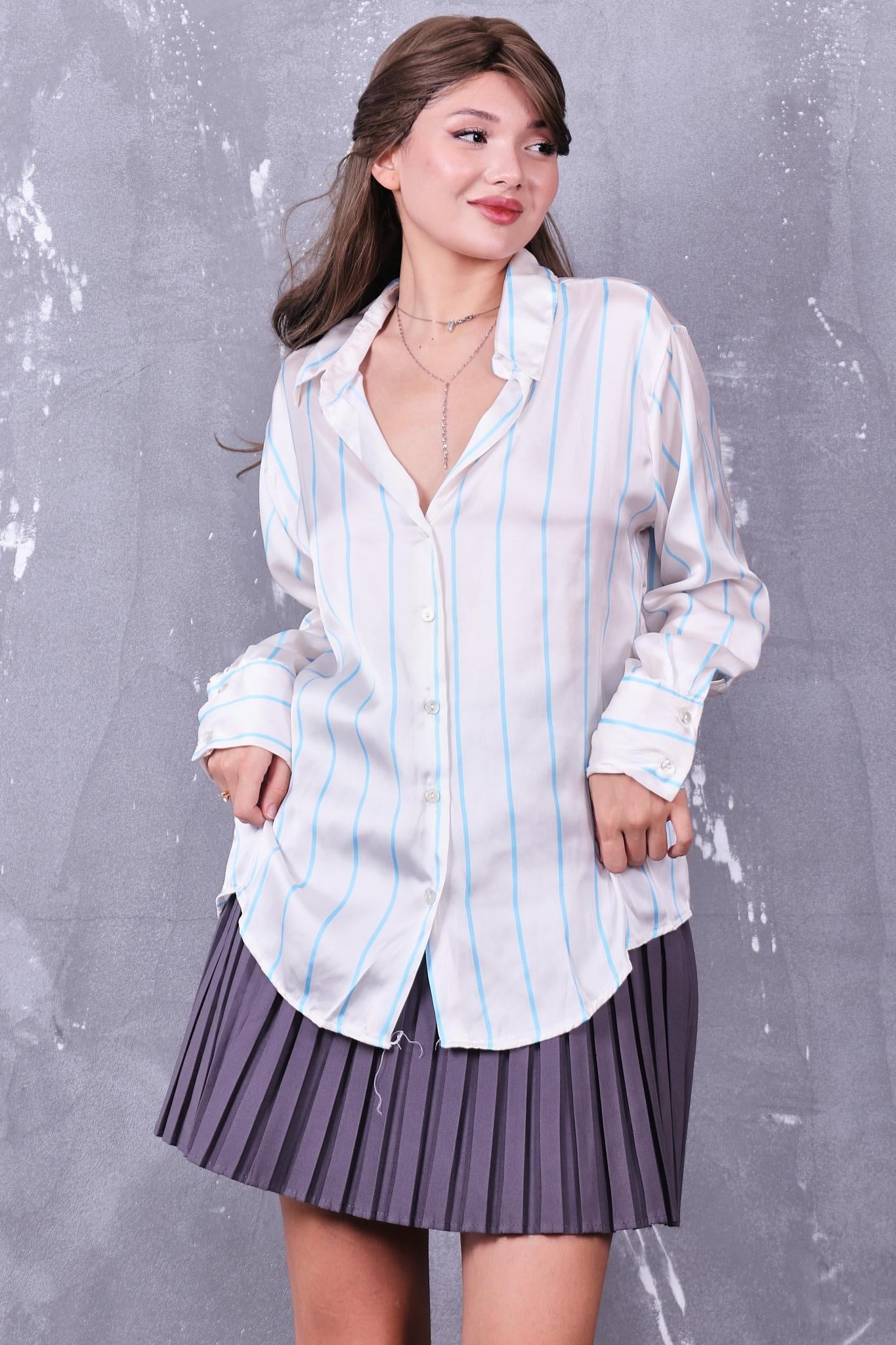 Gömlek Çizgili Oversize Saten Gömlek