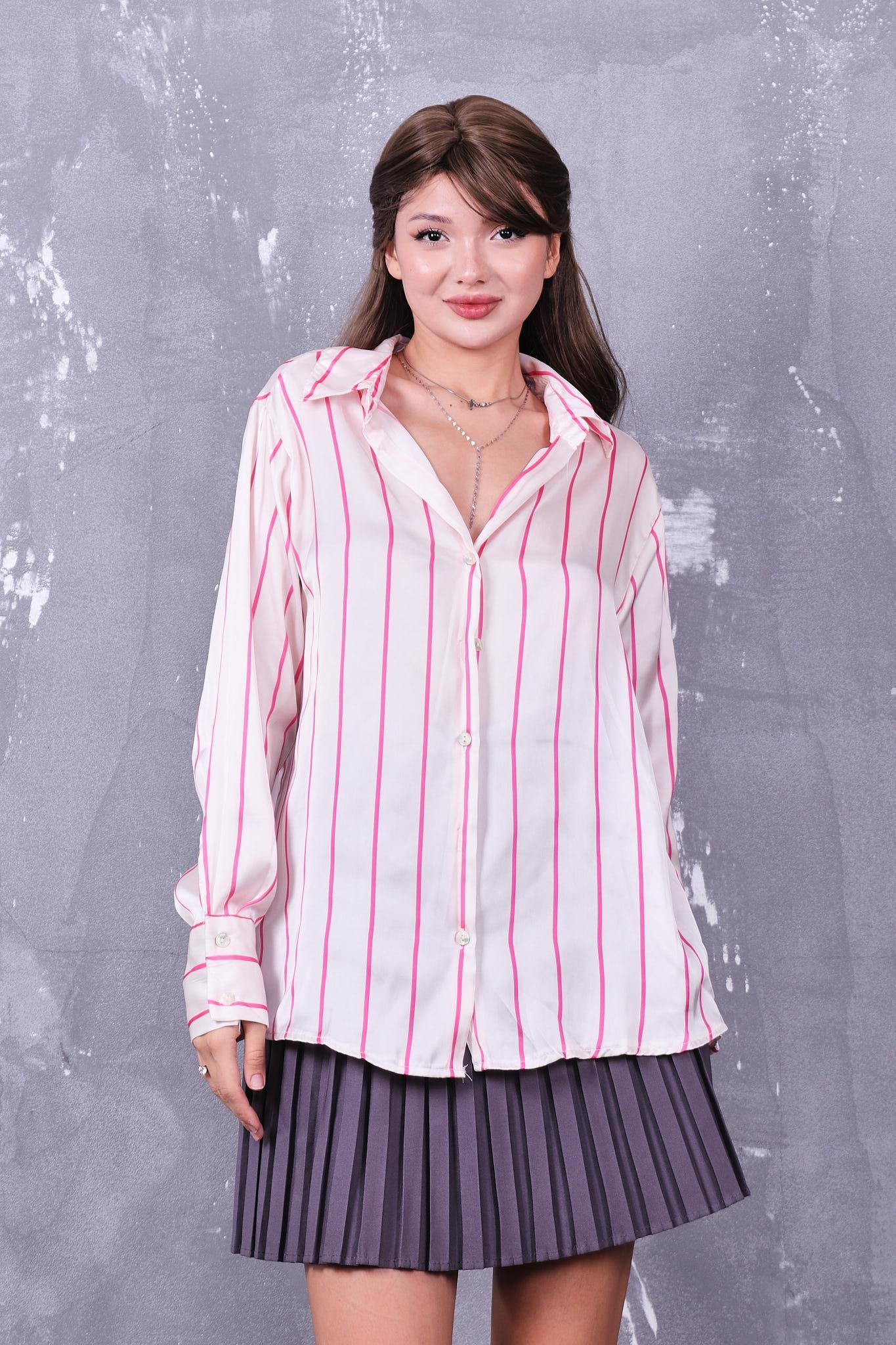 Gömlek Çizgili Oversize Saten Gömlek