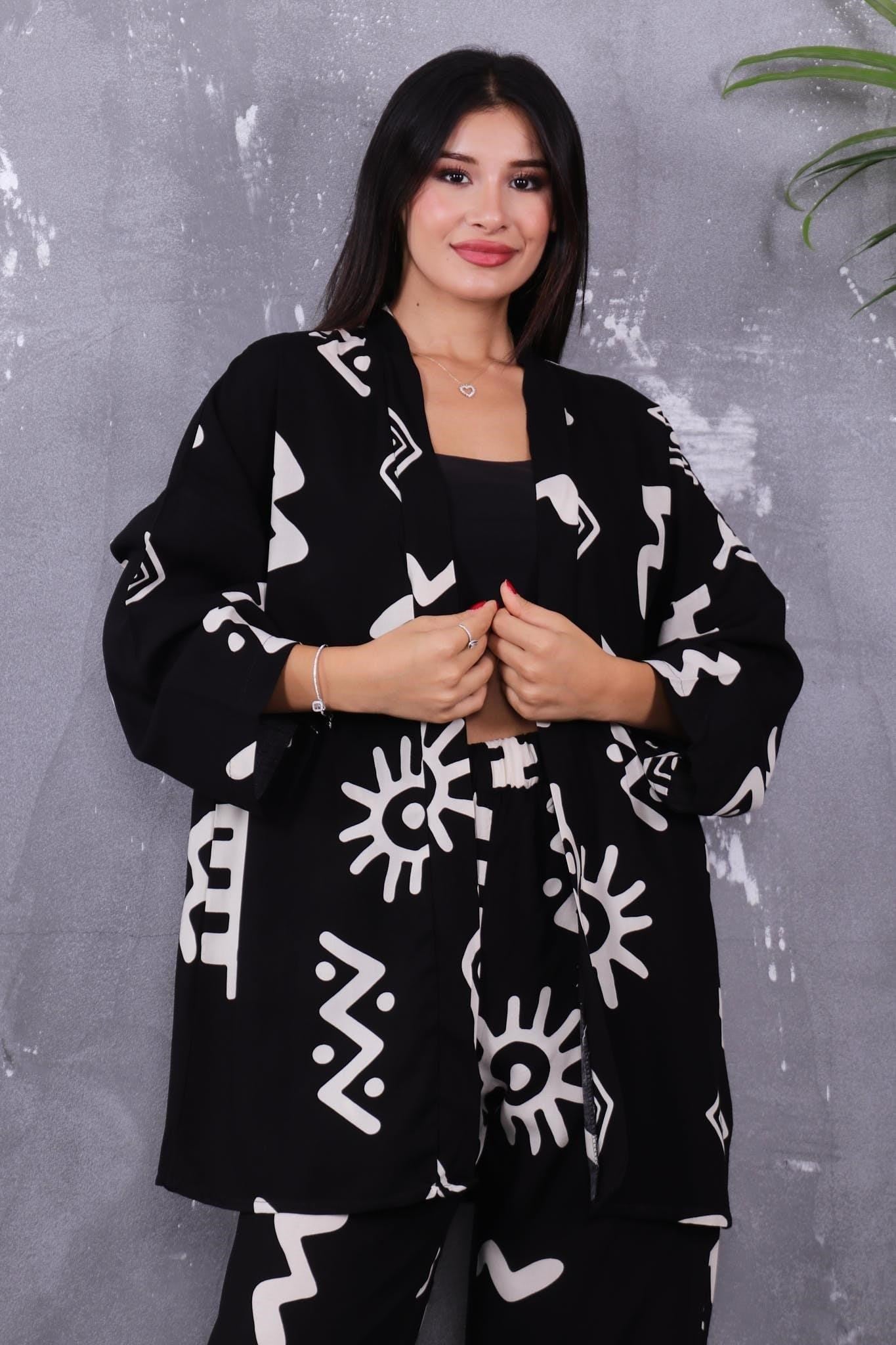 İkili Takım Desenli Kimono Takım