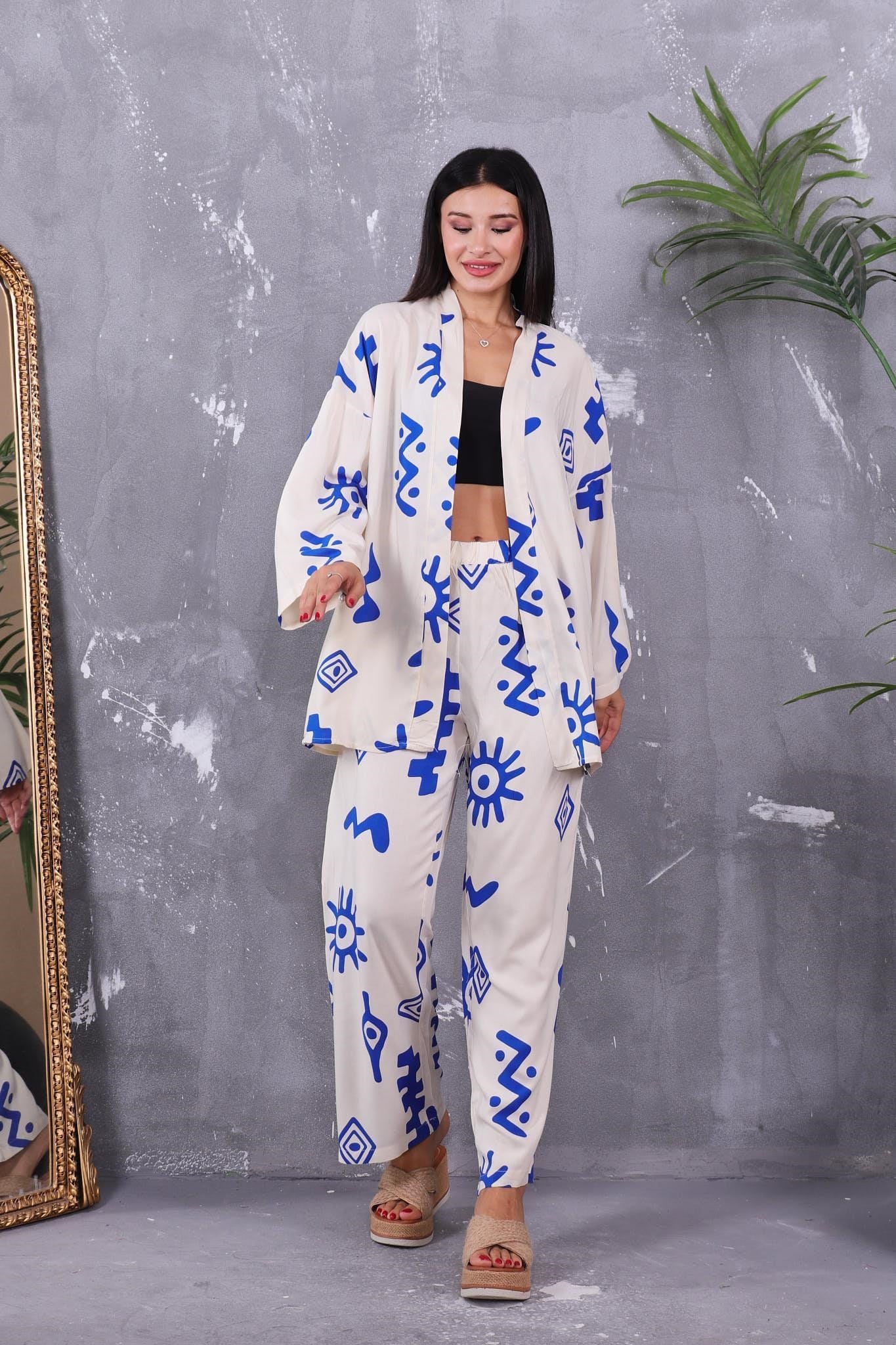 İkili Takım Desenli Kimono Takım