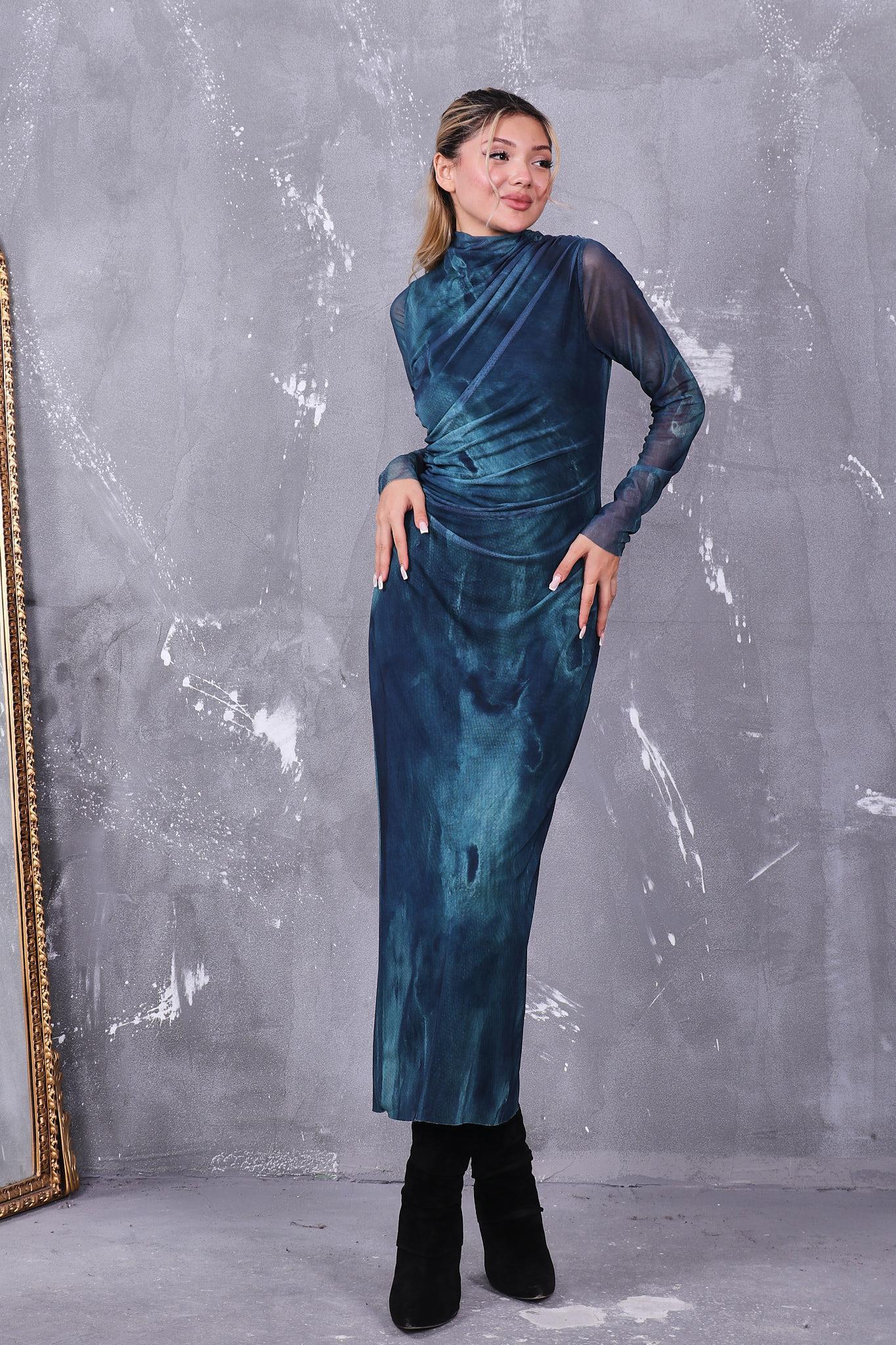 Elbise Drapeli Desenli Tül Elbise