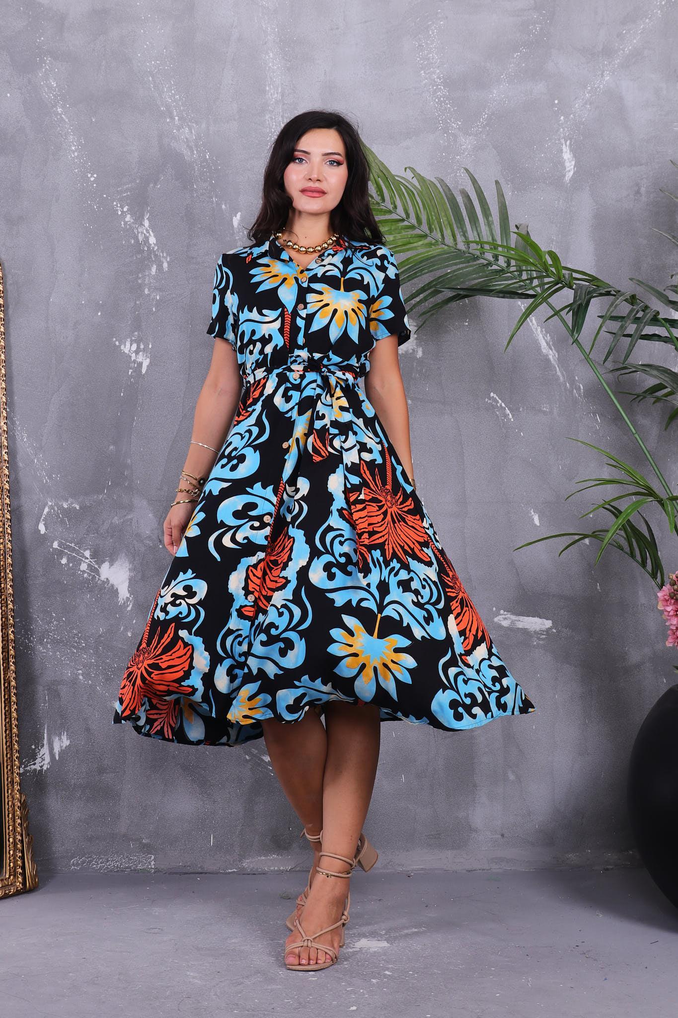 Elbise Gömlek Yaka Düğmeli Kloş Elbise