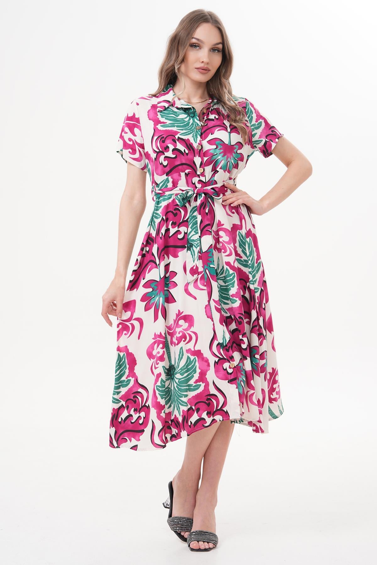 Elbise Gömlek Yaka Düğmeli Kloş Elbise