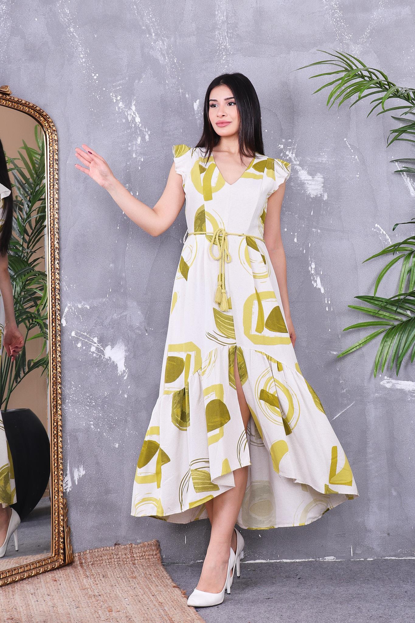 Elbise Halat Kemerli Keten Elbise