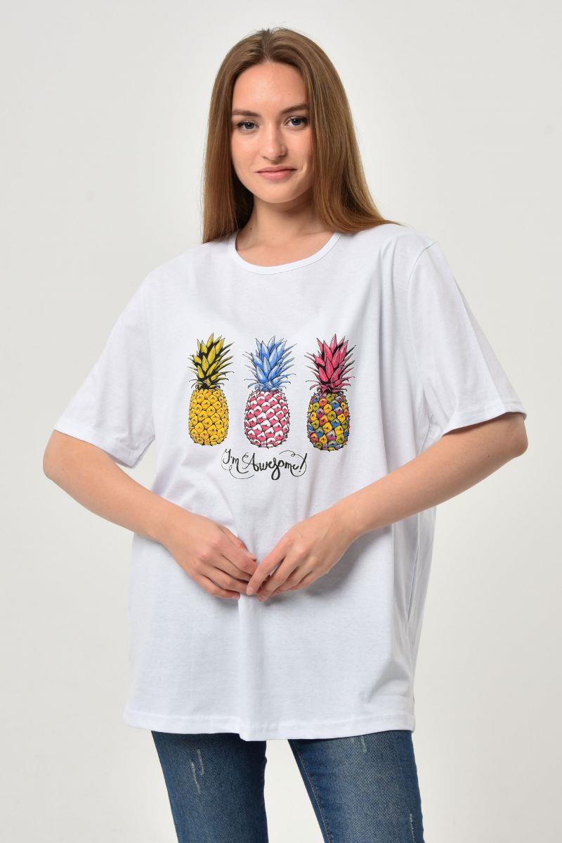 Tshirt Kadın Ananas Baskılı Oversize T-Shirt Beyaz