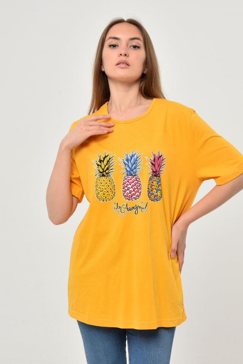 Tshirt Kadın Ananas Baskılı Oversize T-Shirt Hardal