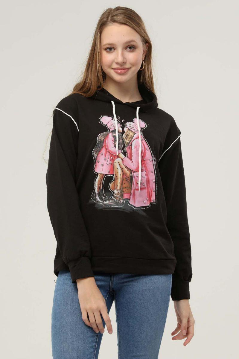 Sweatshirt Kadın Anne-Kız Baskılı Incil Işlemeli Kapüşonlu Sweatshirt Siyah