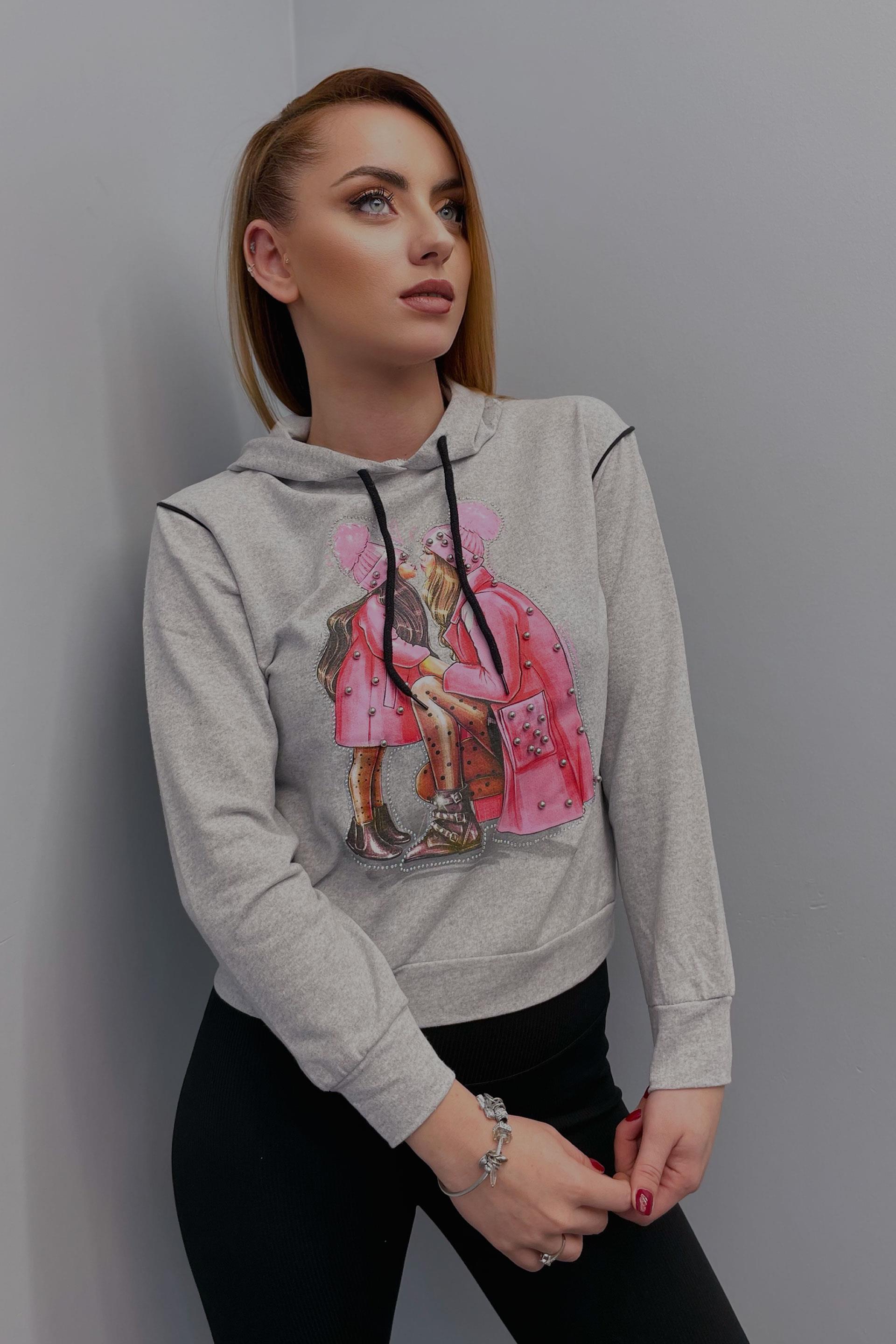 Sweatshirt Kadın Anne-Kız Baskılı Incil Işlemeli Kapüşonlu Sweatshirt Gri