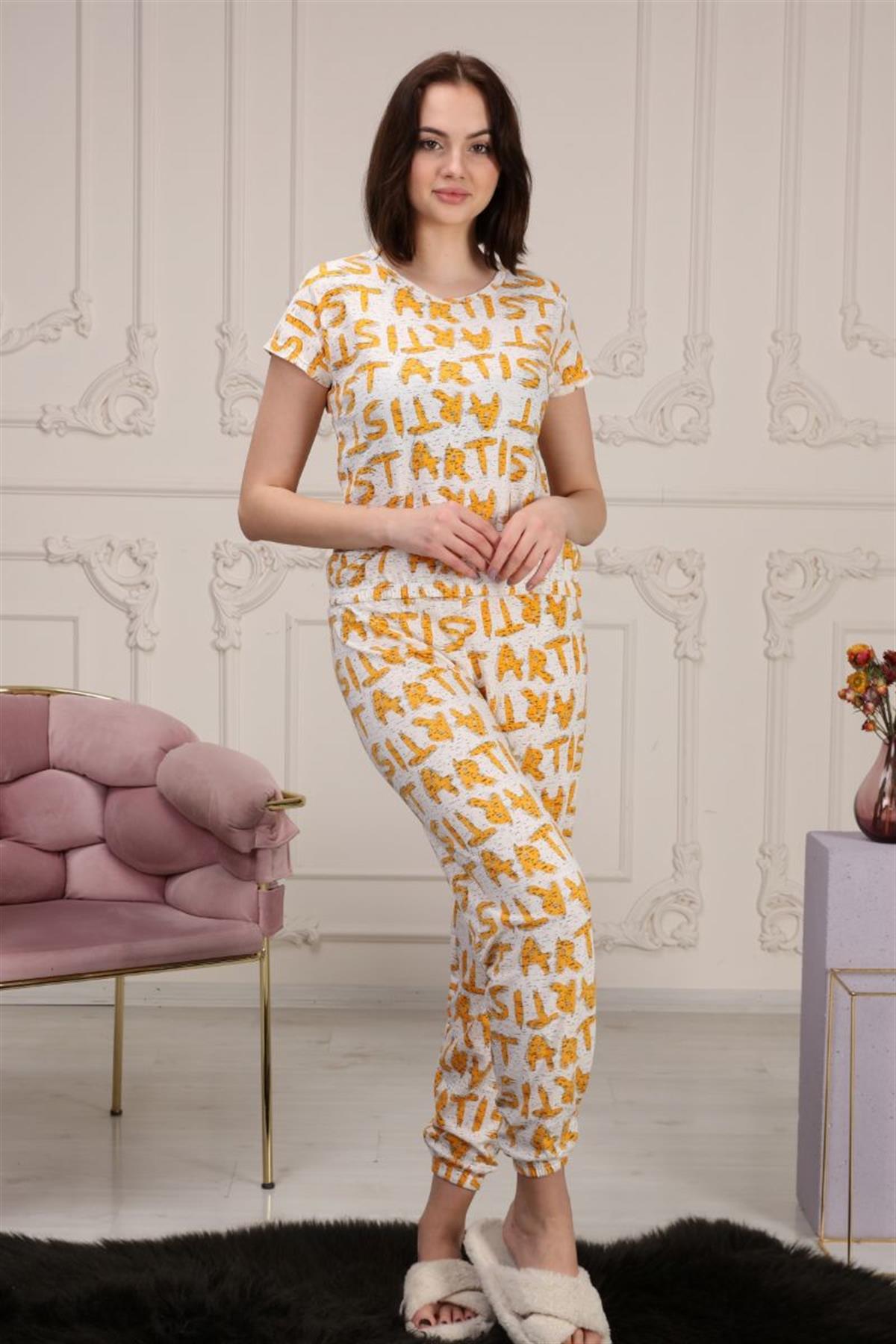 Pijama Takımı Kadın Baskılı Beli Lastikli Pijama Takımı Hardal