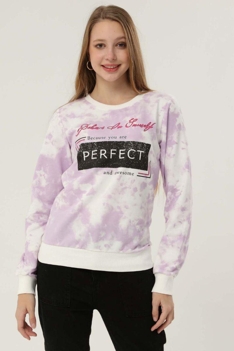 Sweatshirt Kadın Baskılı Bisiklet Yaka Sweatshirt Lila