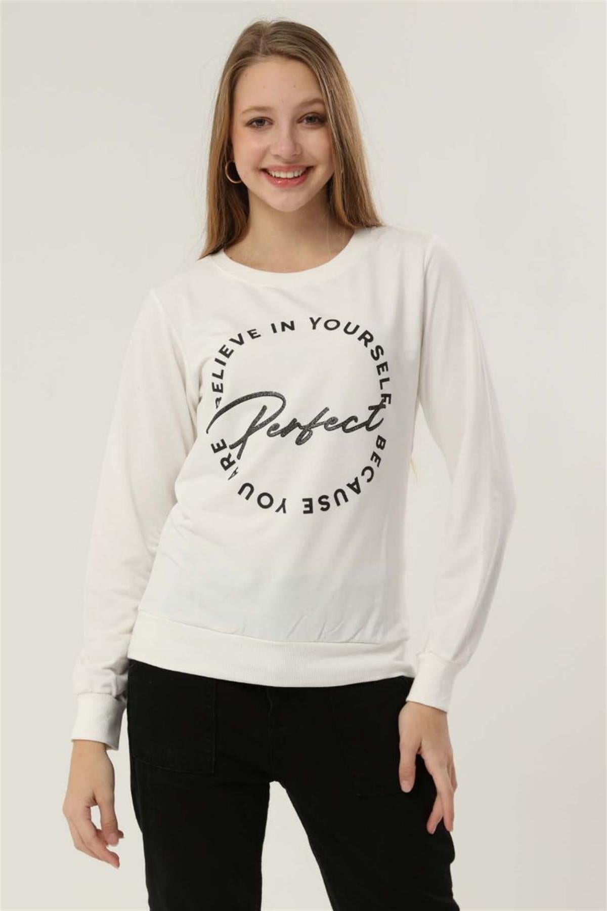 Sweatshirt Kadın Baskılı Bisiklet Yaka Sweatshirt Ekru