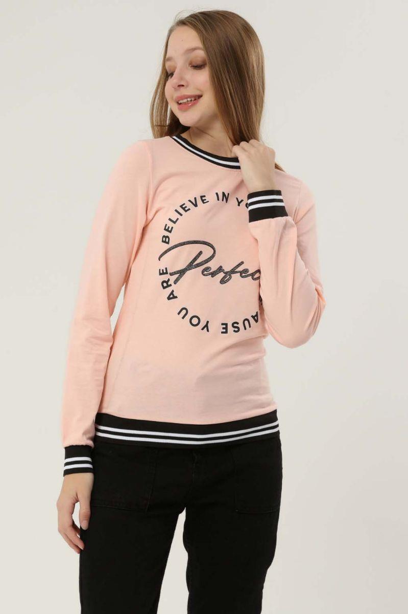 Sweatshirt Kadın Baskılı Bisiklet Yaka Sweatshirt Pudra