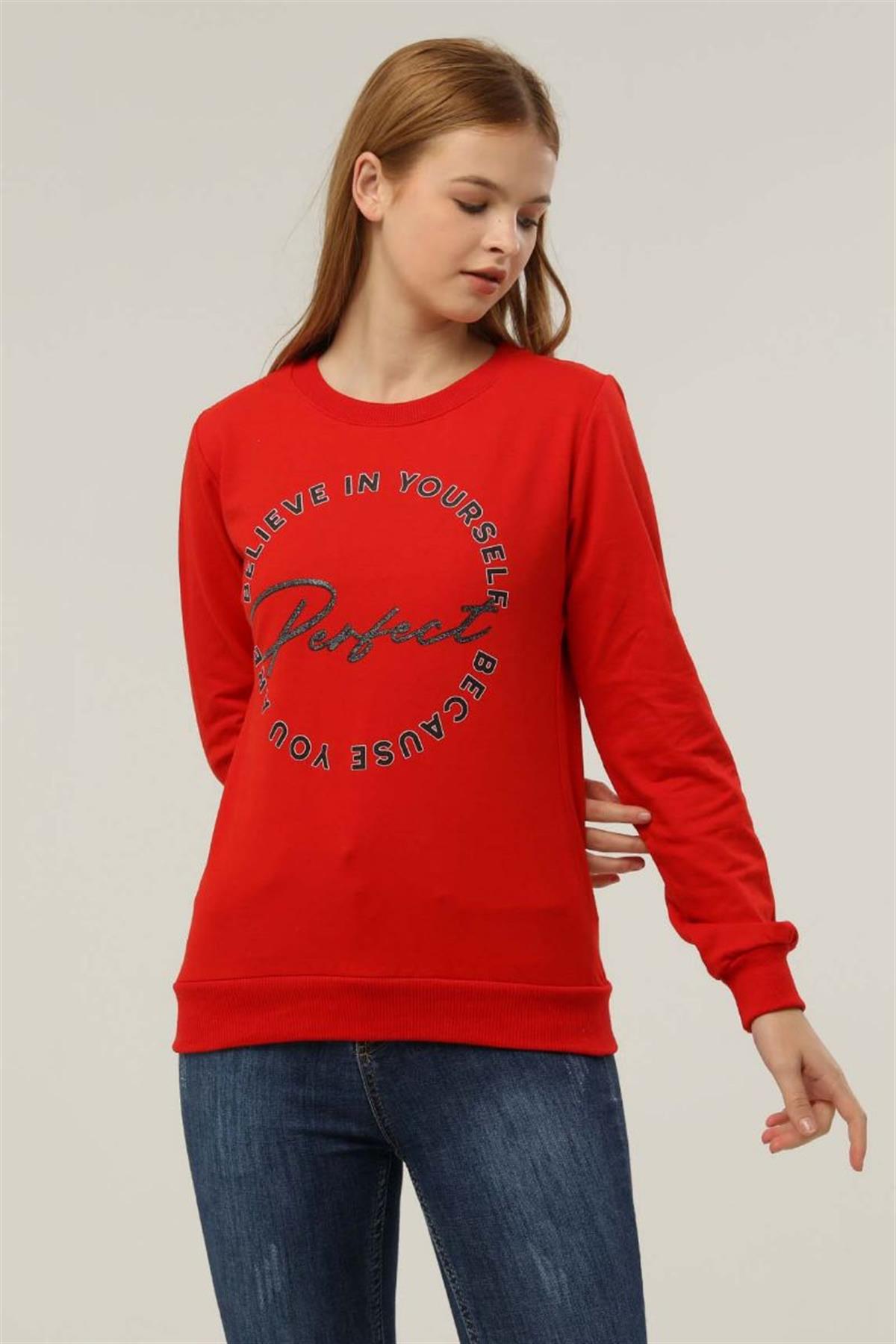 Sweatshirt Kadın Baskılı Bisiklet Yaka Sweatshirt Kırmızı