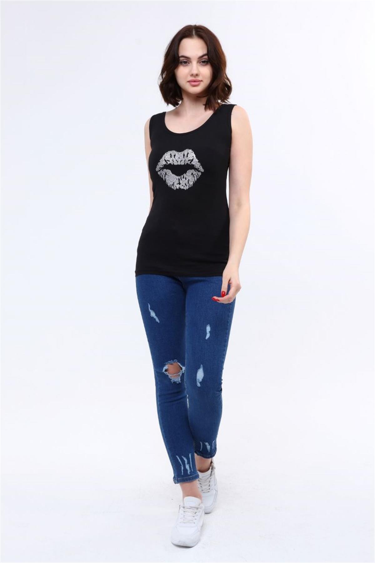 Bluz Kadın Baskılı Bluz Siyah