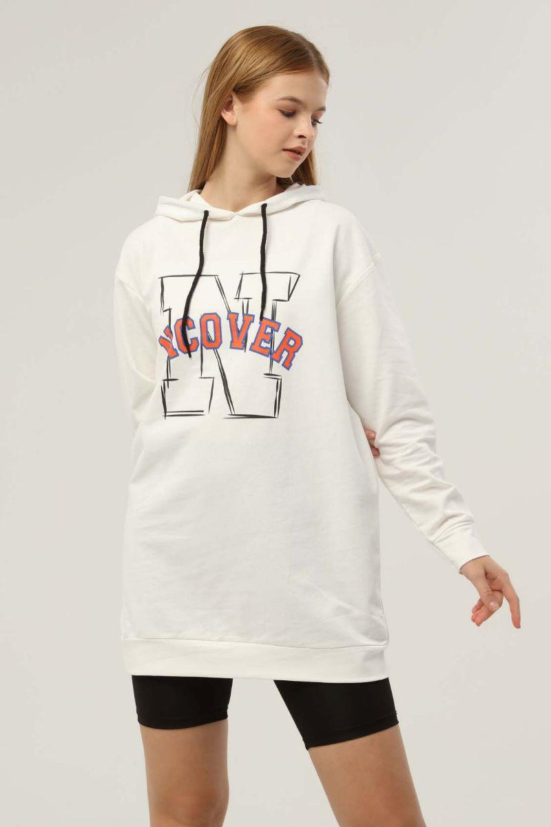 Sweatshirt Kadın Baskılı Kapüşonlu Sweatshirt Ekru