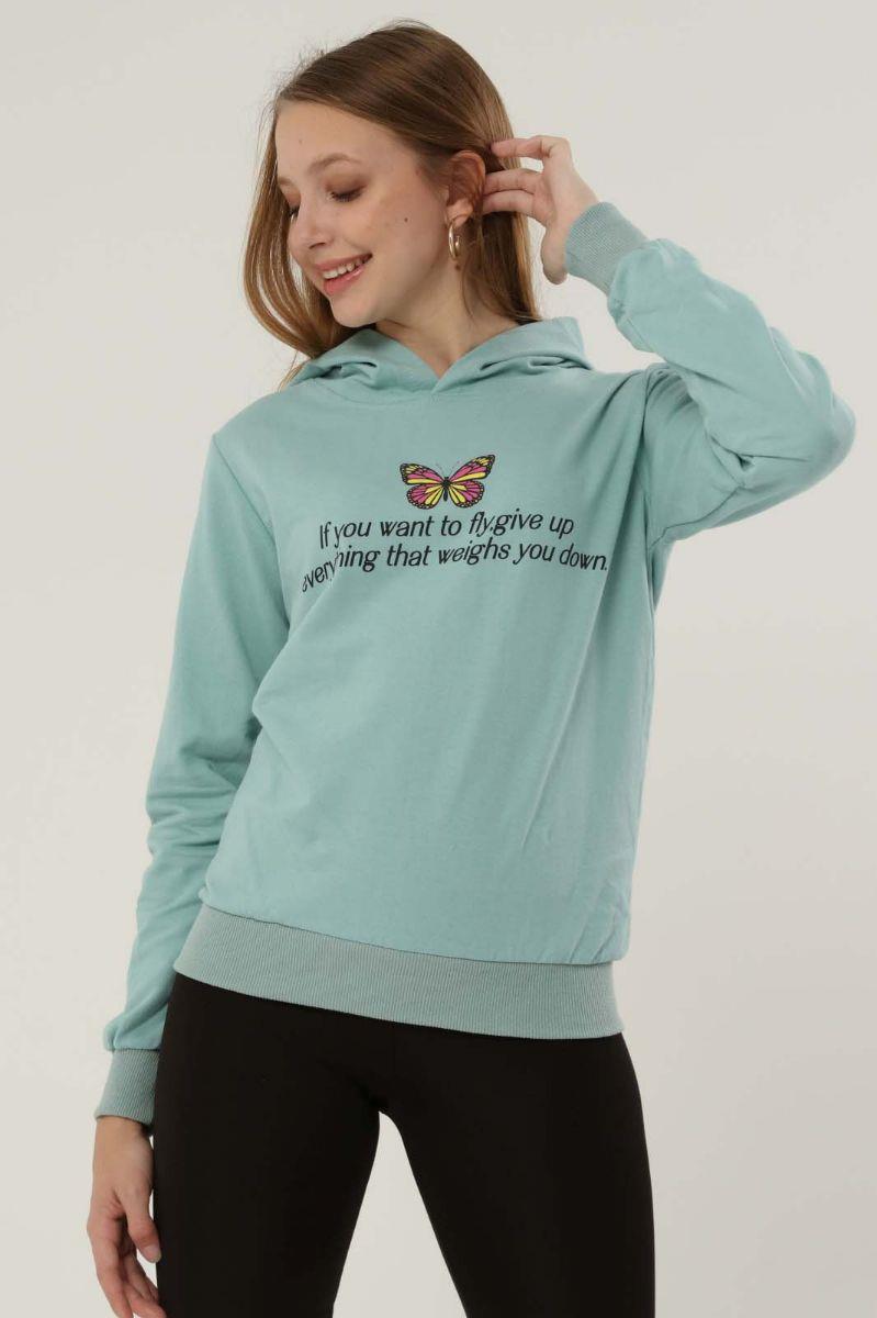 Sweatshirt Kadın Baskılı Kapüşonlu Sweatshirt Mint Yeşili