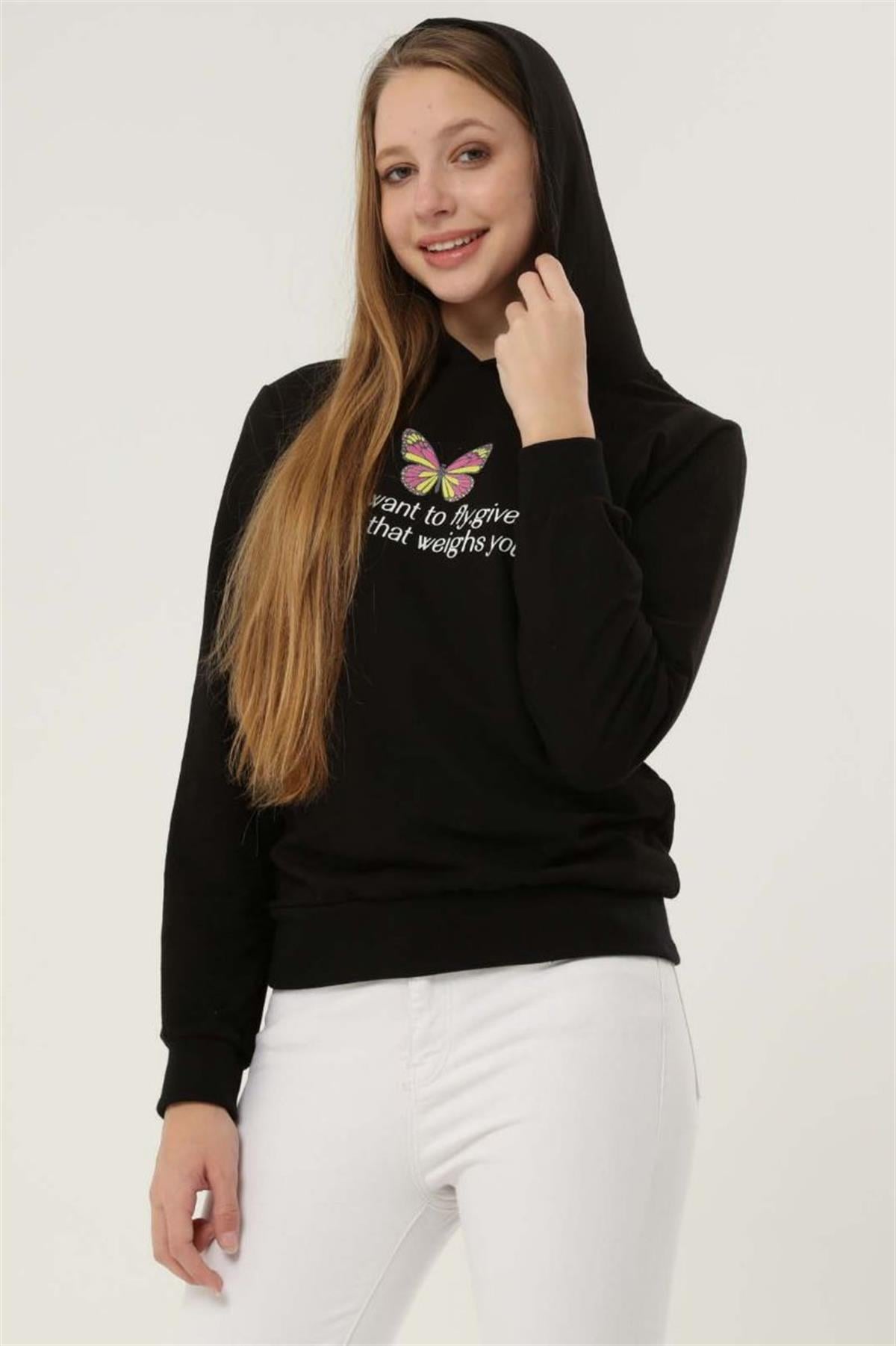 Sweatshirt Kadın Baskılı Kapüşonlu Sweatshirt Siyah