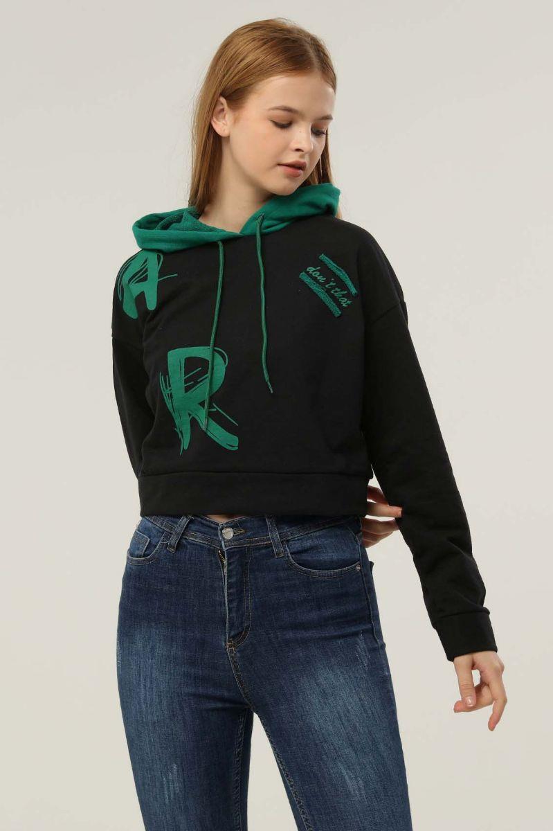 Sweatshirt Kadın Baskılı Kapüşonlu Sweatshirt Siyah