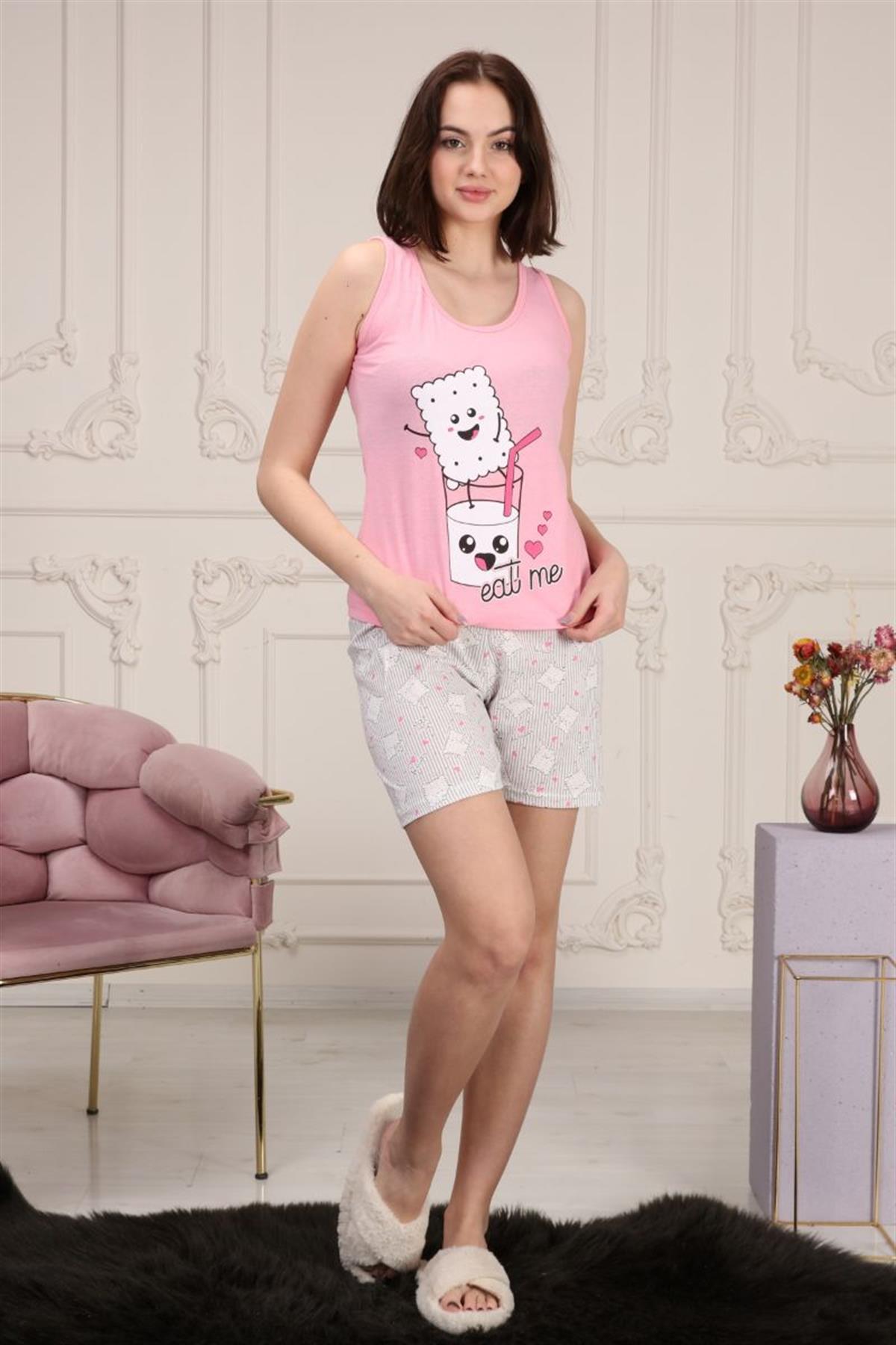 Pijama Takımı Kadın Baskılı Kolsuz Şortlu Pijama Takımı Pembe